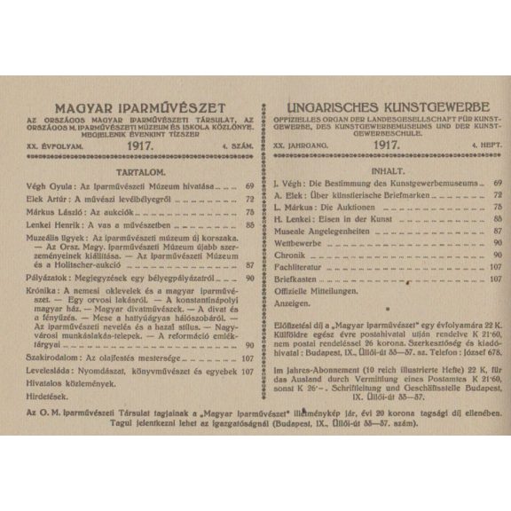 Magyar Iparművészet XX. évf. 1917. 1-10. szám