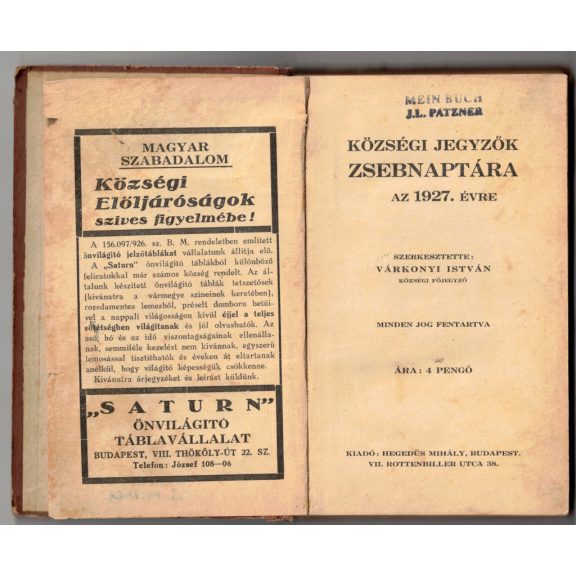 Községi Jegyzők zsebnaptára az 1927. évre